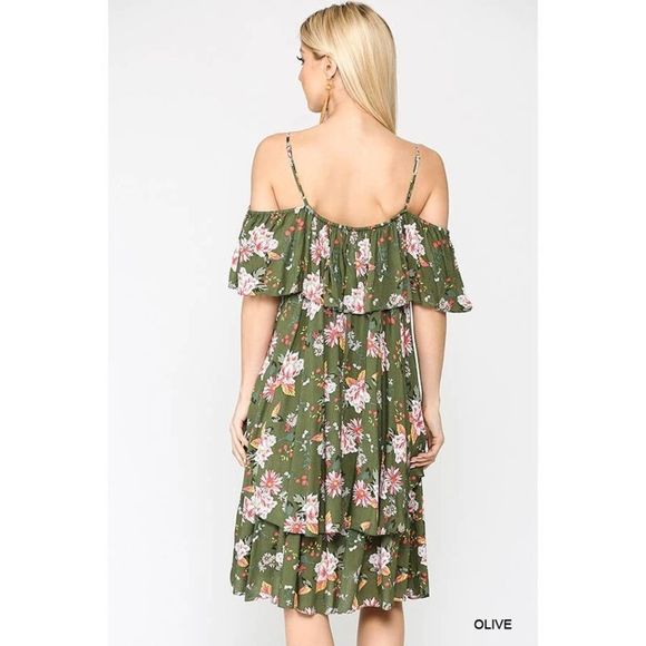 Olive Cold Shoulder Layered Dress M - Picture 3 of 3